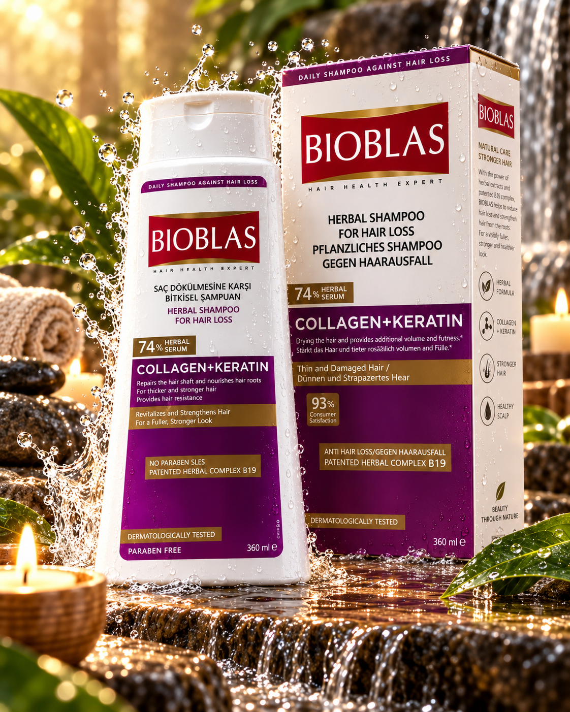 BIOBLAS Collagen+Keratin herbal shampoo bottle and matching product box, styled with water droplets, gold foil, and green leaves in a warm, reflective setting.
